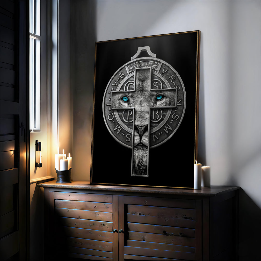 Painting Lion of Judah and Medal of Saint Benedict