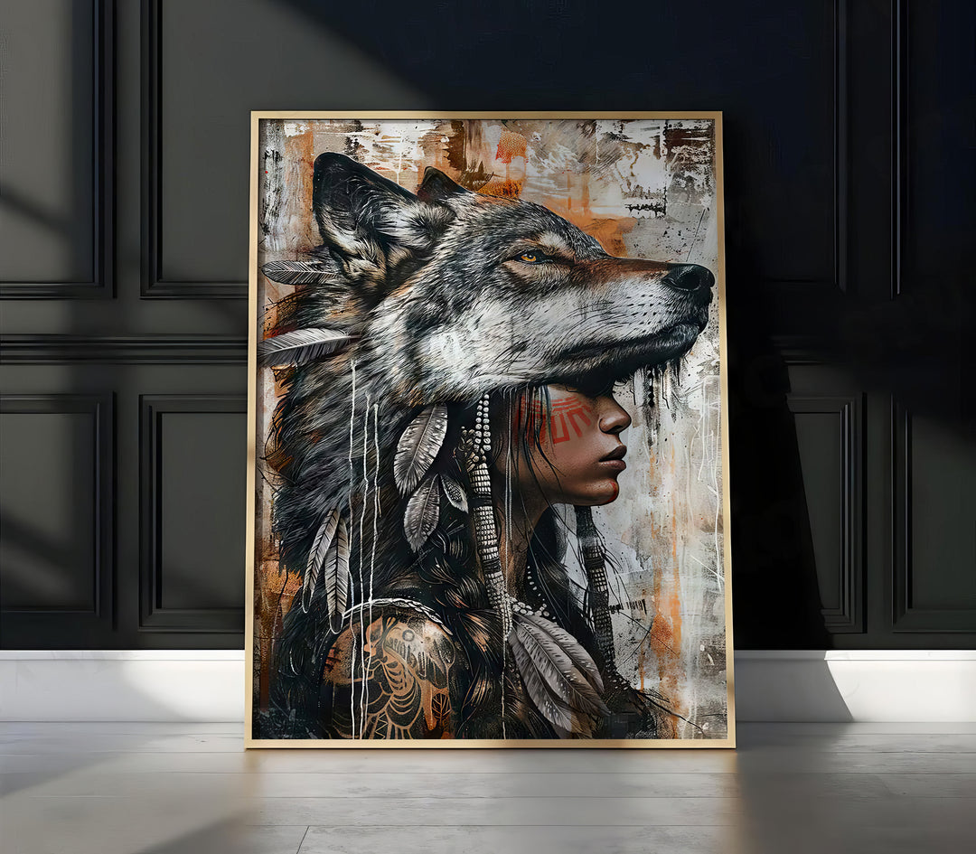 Wild Soul Woman Portrait Wolf Headdress Art Wolf Photography Style Painting Canvas Print