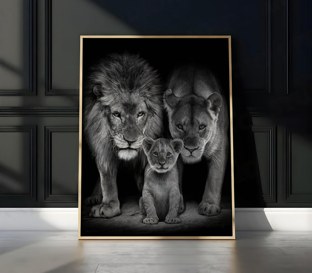 Roaring Lion Family Black and White Tone Canvas Print