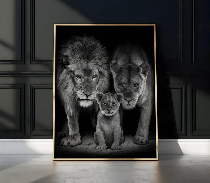 Roaring Lion Family Black and White Tone Canvas Print
