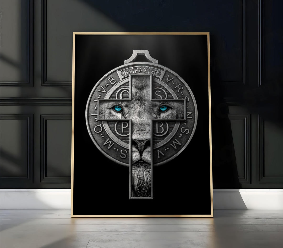 Painting Lion of Judah and Medal of Saint Benedict