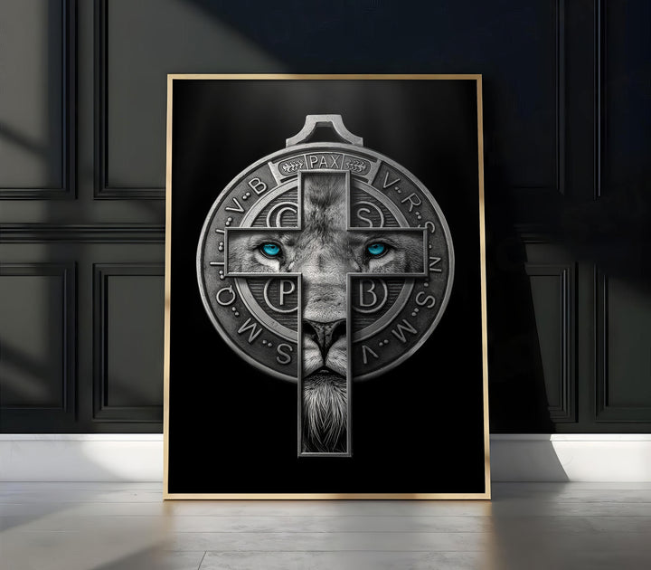 Painting Lion of Judah and Medal of Saint Benedict