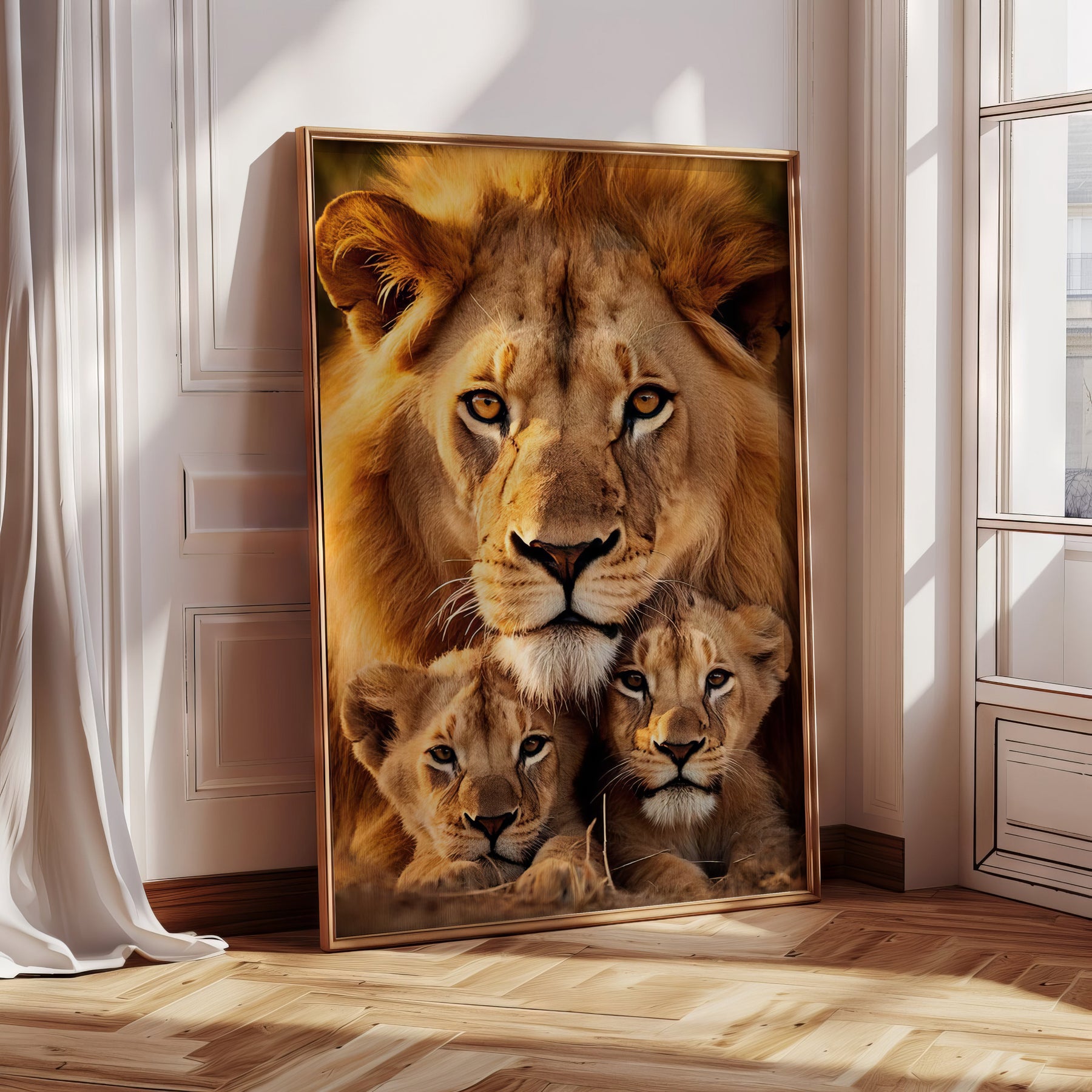 Lion Family Canvas – Father & Cubs Portrait | Artbyusuf