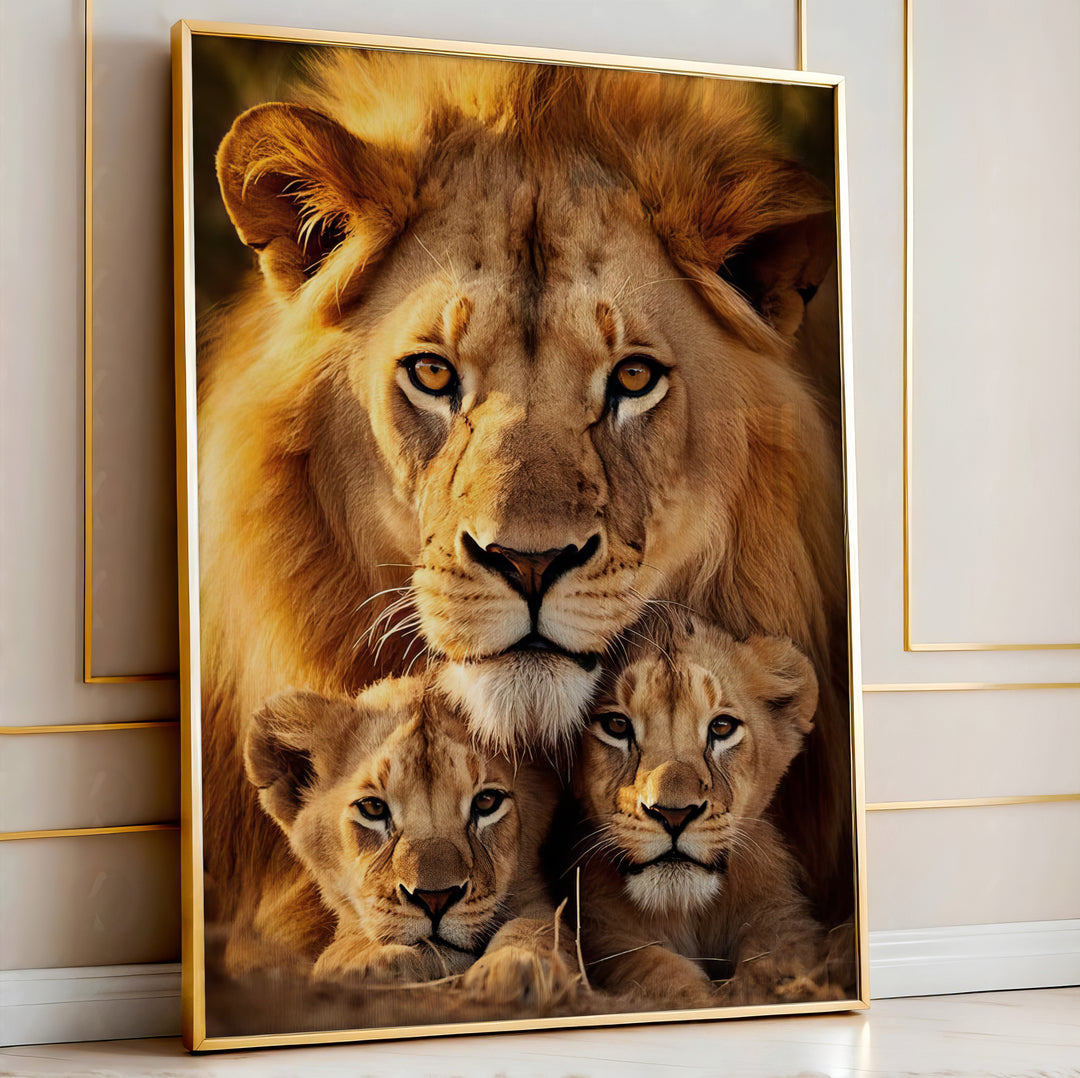 Cozy Lion Family With 2 Cubs