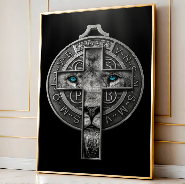 Painting Lion of Judah and Medal of Saint Benedict