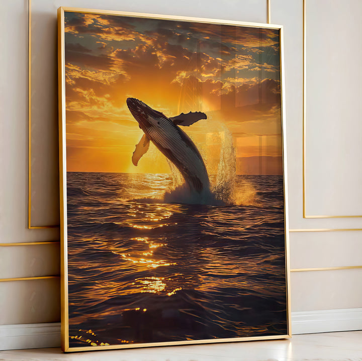 Whale at Sunset Canvas Wall Art – Tranquil Whale Leaping Ocean Scene