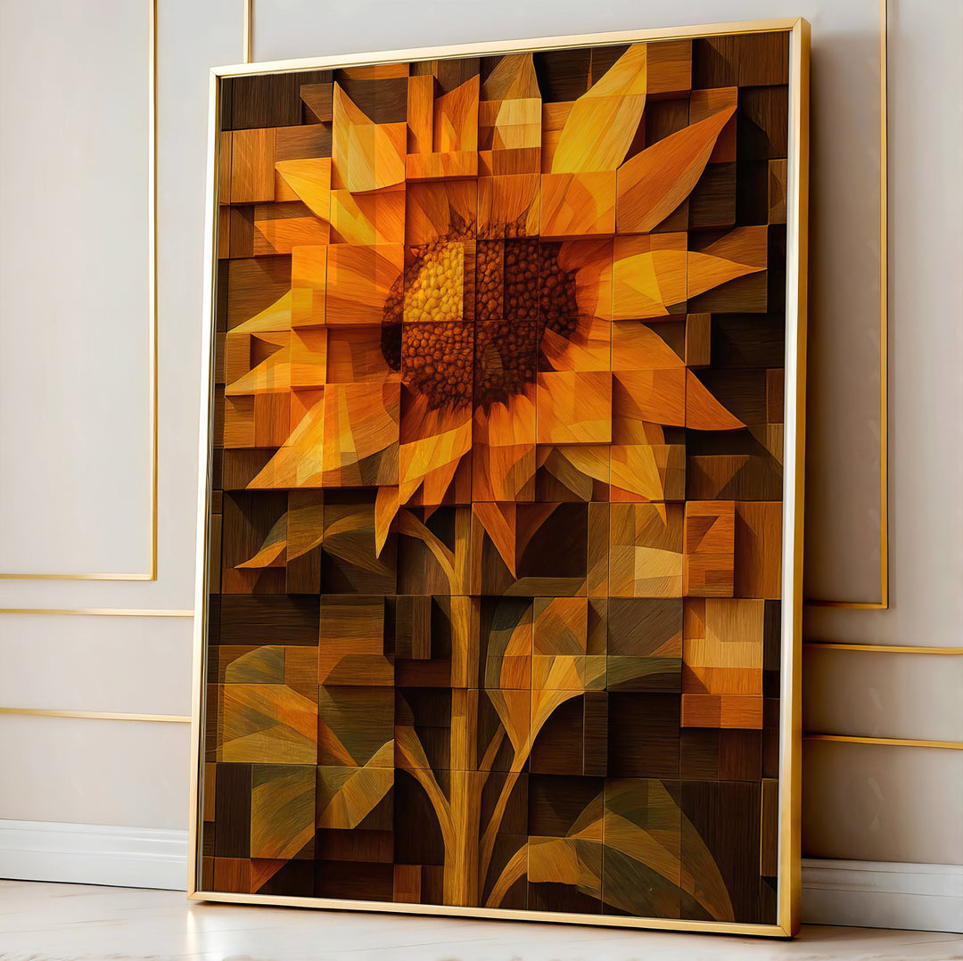 Radiant Wooden Sunflower Canvas – Abstract Floral Wall Art