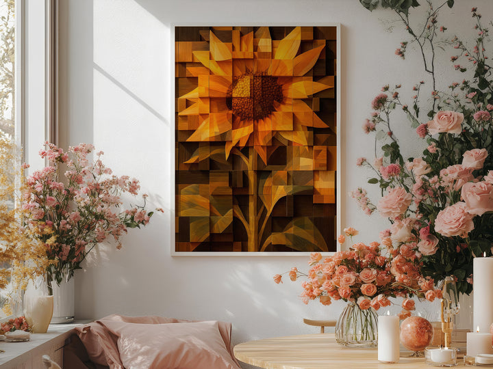 Radiant Wooden Sunflower Canvas – Abstract Floral Wall Art