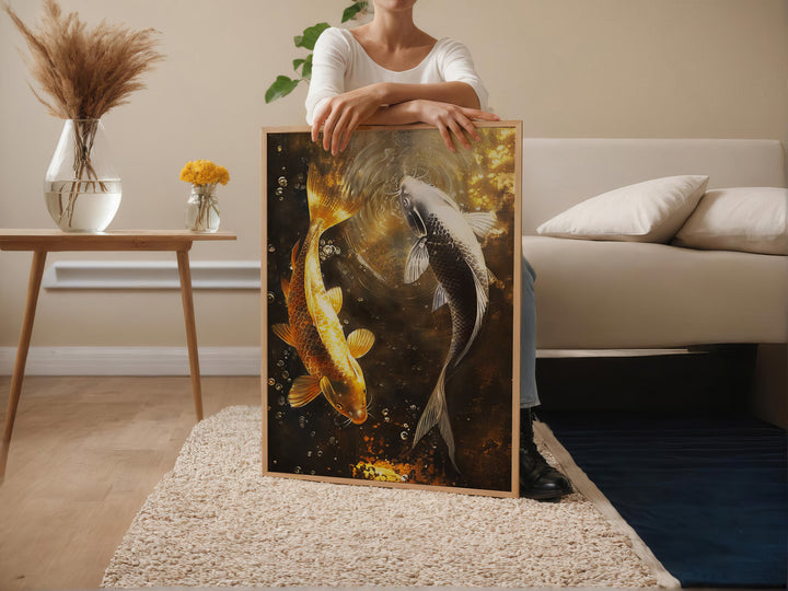 Yin Yang Nature Canvas – Black White Gold Landscape Wall Art