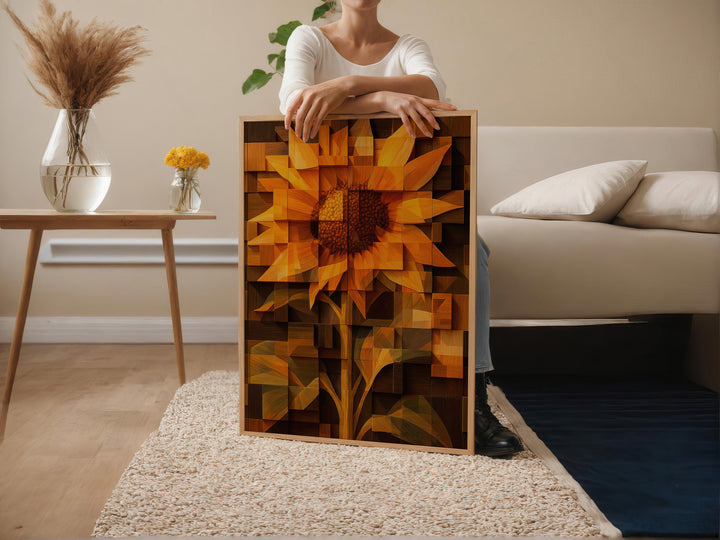 Radiant Wooden Sunflower Canvas – Abstract Floral Wall Art