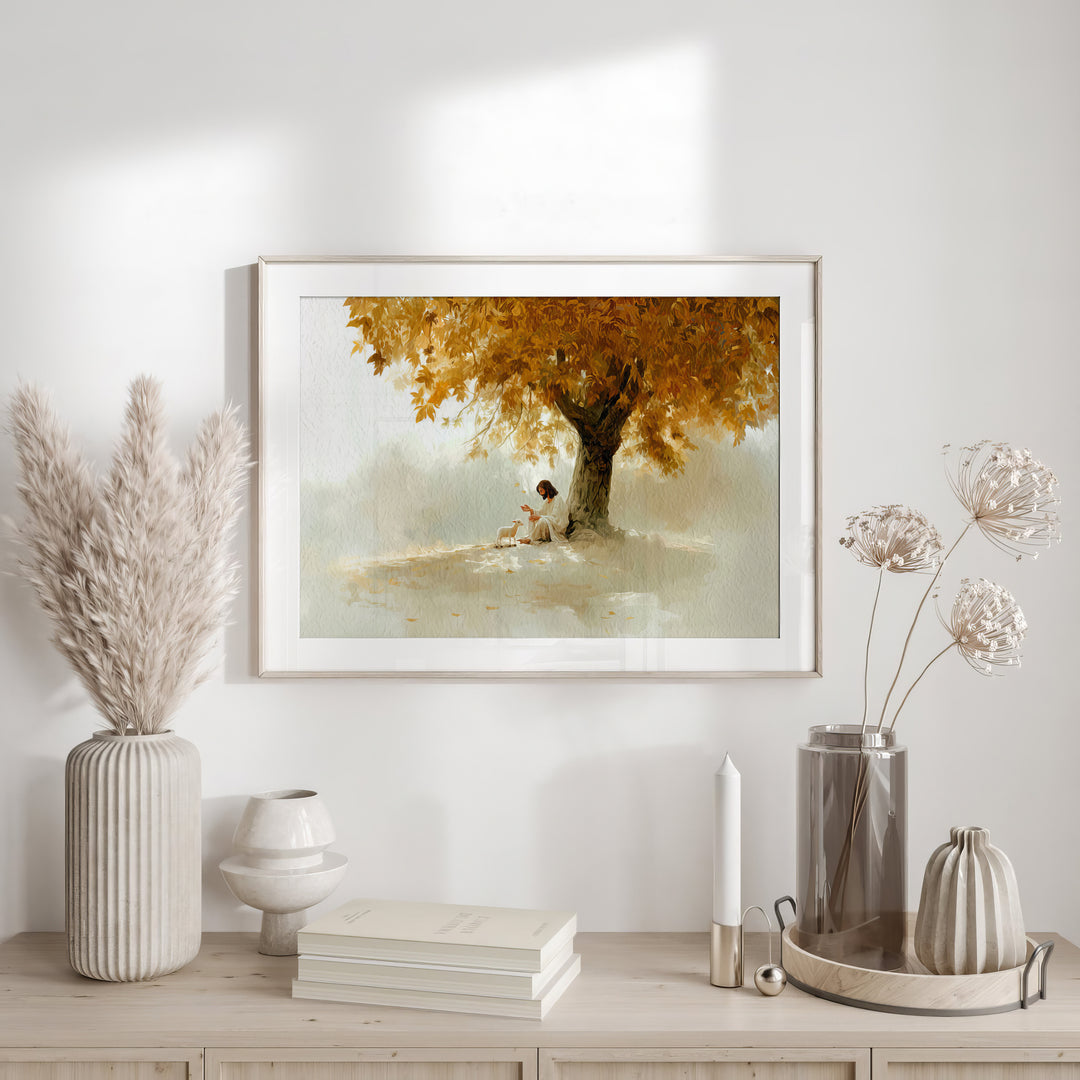 Jesus With Lamb Near Tree Minimal