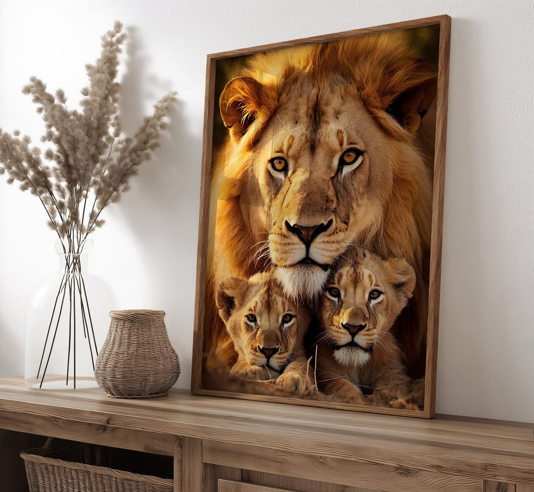 Cozy Lion Family With 2 Cubs