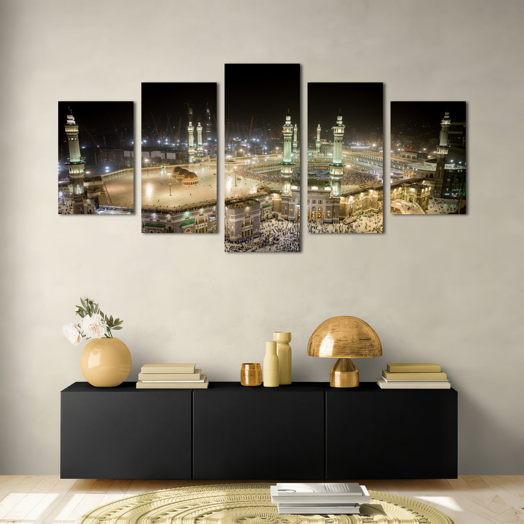 Masjid Al-Haram, Night View of Mecca - 5 Panel Large Islamic Wall Art