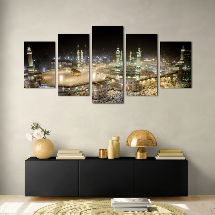 Masjid Al-Haram, Night View of Mecca - 5 Panel Large Islamic Wall Art