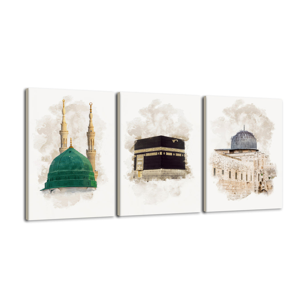 Masjid Nabawi, Kaaba, Al-Aqsa Abstract Islamic wall art