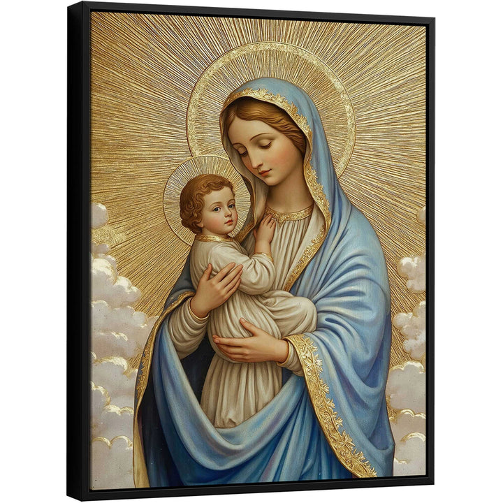 Mary’s Maternal Love Canvas – Sacred Golden Print of Mary and Baby Jesus