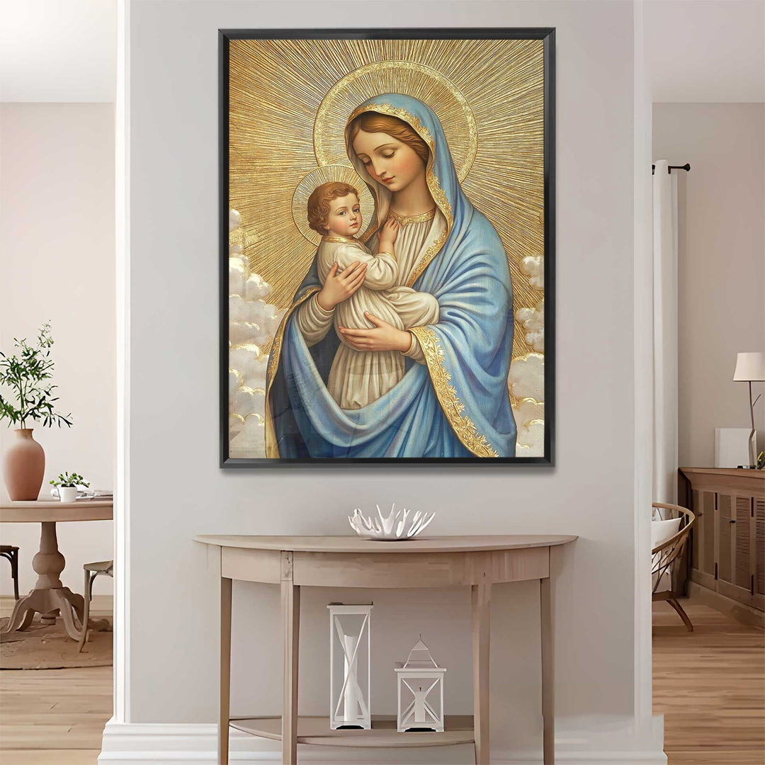 Mary’s Maternal Love Canvas – Sacred Golden Print of Mary and Baby Jesus