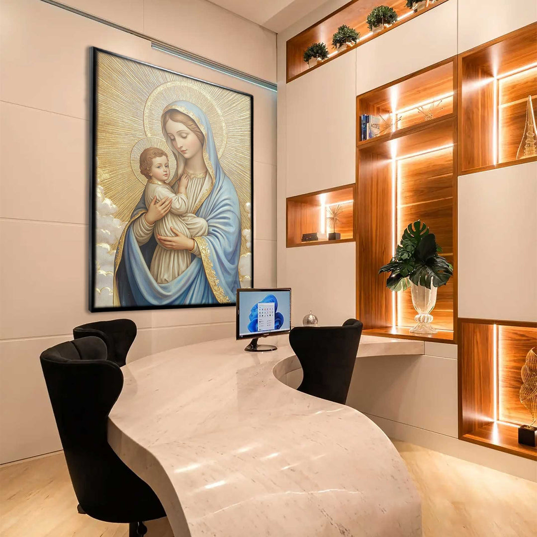 Mary’s Maternal Love Canvas – Sacred Golden Print of Mary and Baby Jesus