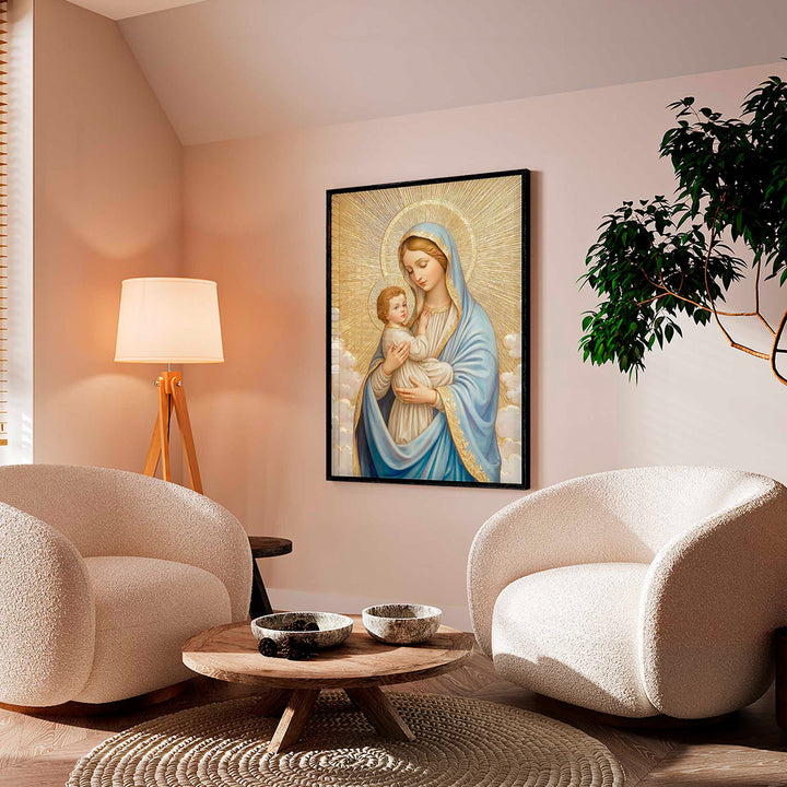 Mary’s Maternal Love Canvas – Sacred Golden Print of Mary and Baby Jesus