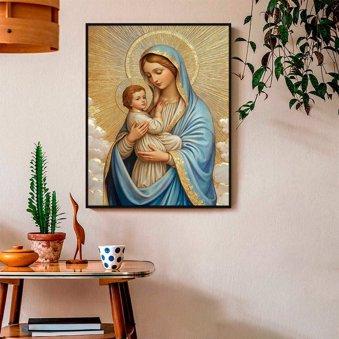 Mary’s Maternal Love Canvas – Sacred Golden Print of Mary and Baby Jesus