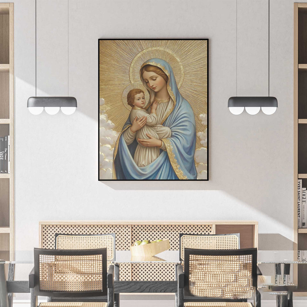 Mary’s Maternal Love Canvas – Sacred Golden Print of Mary and Baby Jesus