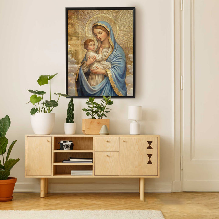Mary’s Maternal Love Canvas – Sacred Golden Print of Mary and Baby Jesus