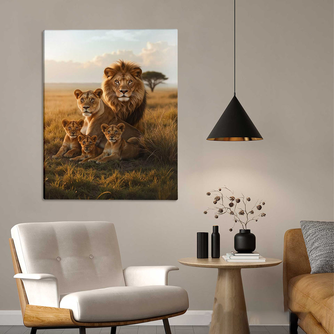Lion Family in Savannah Canvas – Wild Animal Wall Art