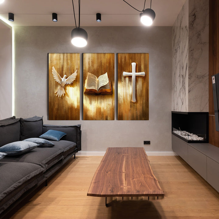 3 Piece Symbols of Faith Canvas  Bible, Dove & Cross