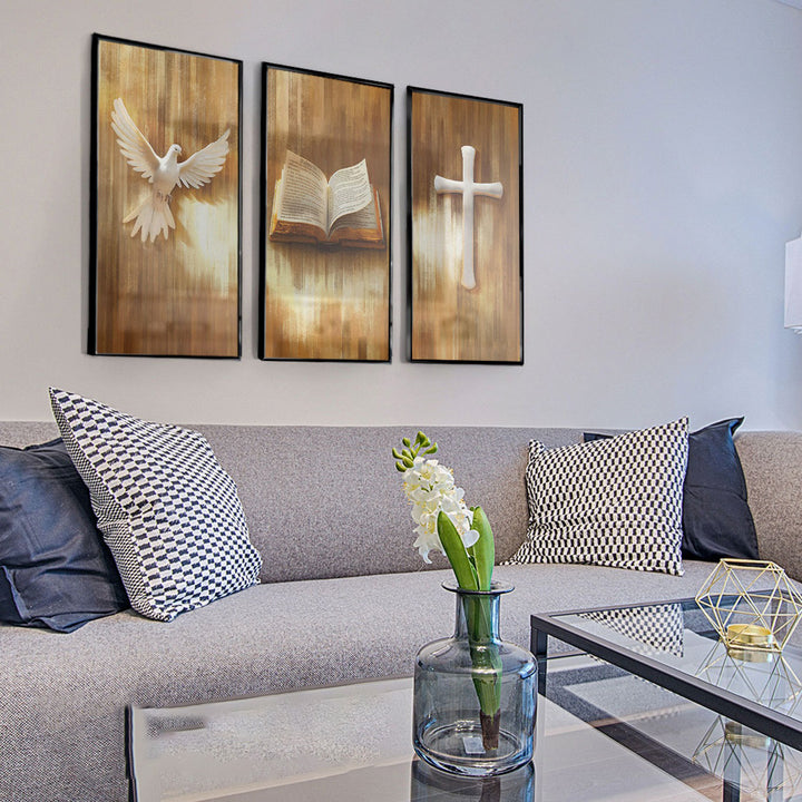 3 Piece Symbols of Faith Canvas  Bible, Dove & Cross