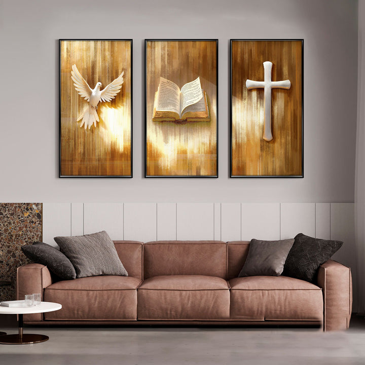 3 Piece Symbols of Faith Canvas  Bible, Dove & Cross