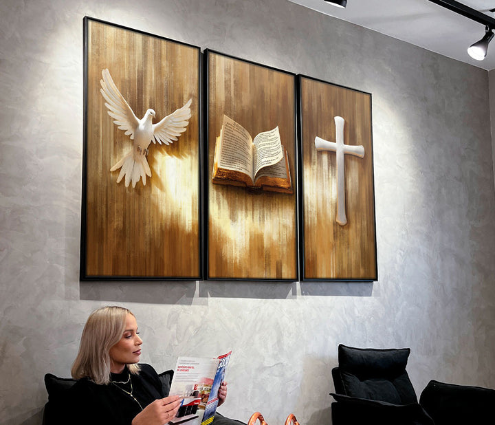 3 Piece Symbols of Faith Canvas  Bible, Dove & Cross