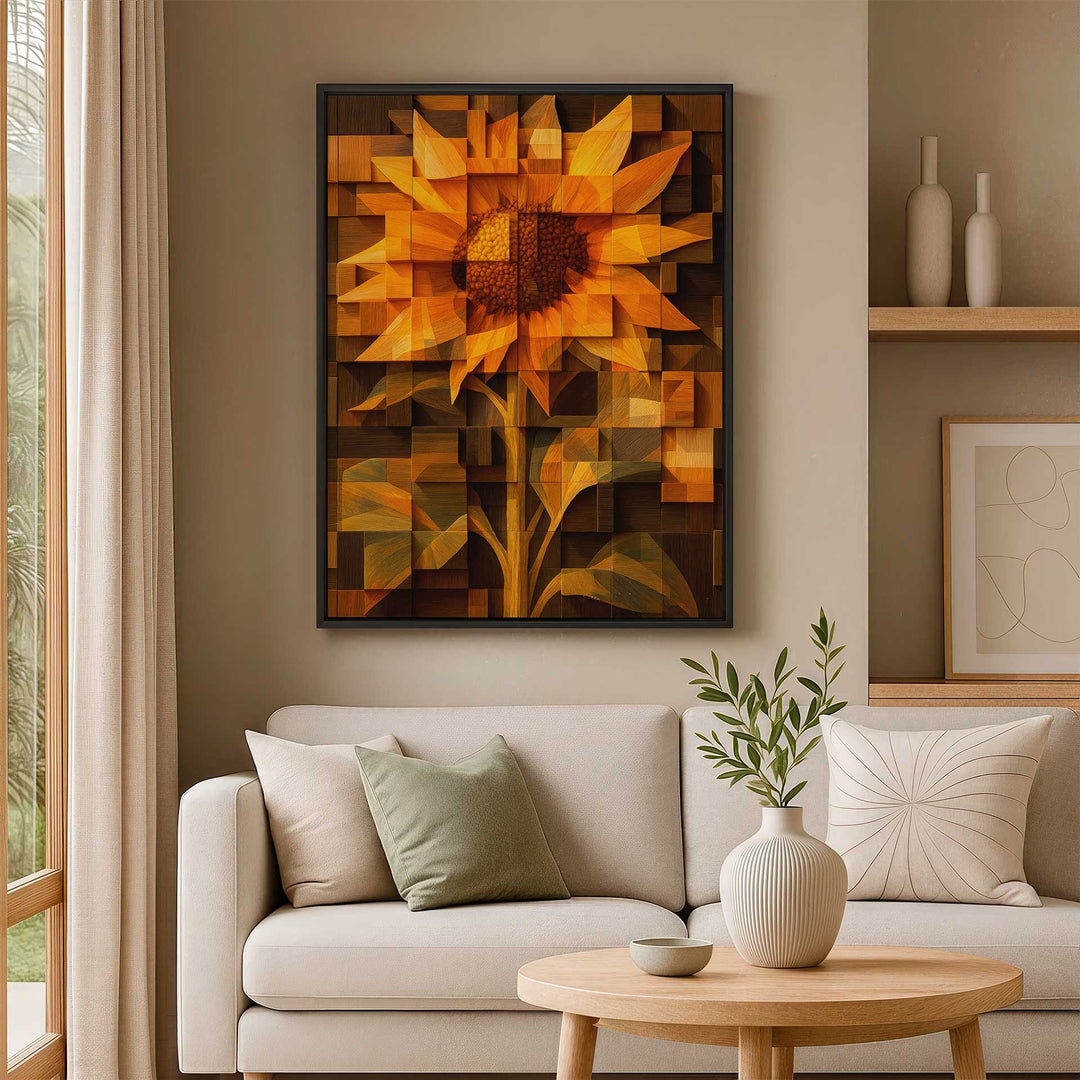 Radiant Wooden Sunflower Canvas – Abstract Floral Wall Art