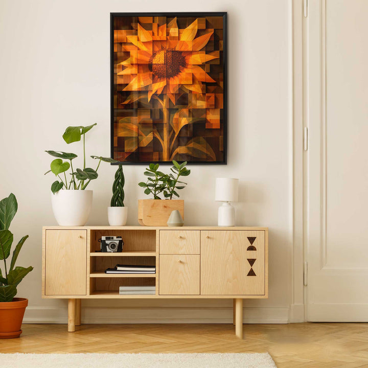 Radiant Wooden Sunflower Canvas – Abstract Floral Wall Art