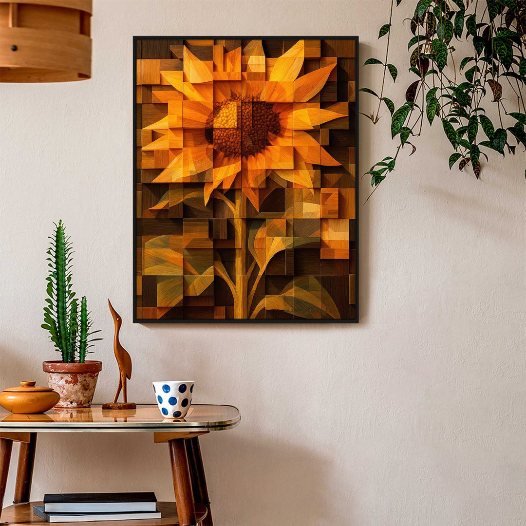 Radiant Wooden Sunflower Canvas – Abstract Floral Wall Art