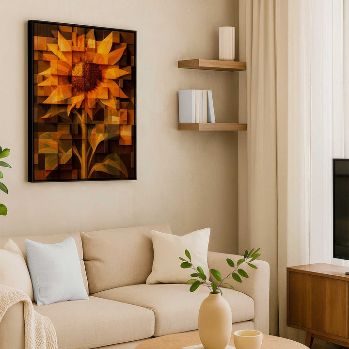 Radiant Wooden Sunflower Canvas – Abstract Floral Wall Art