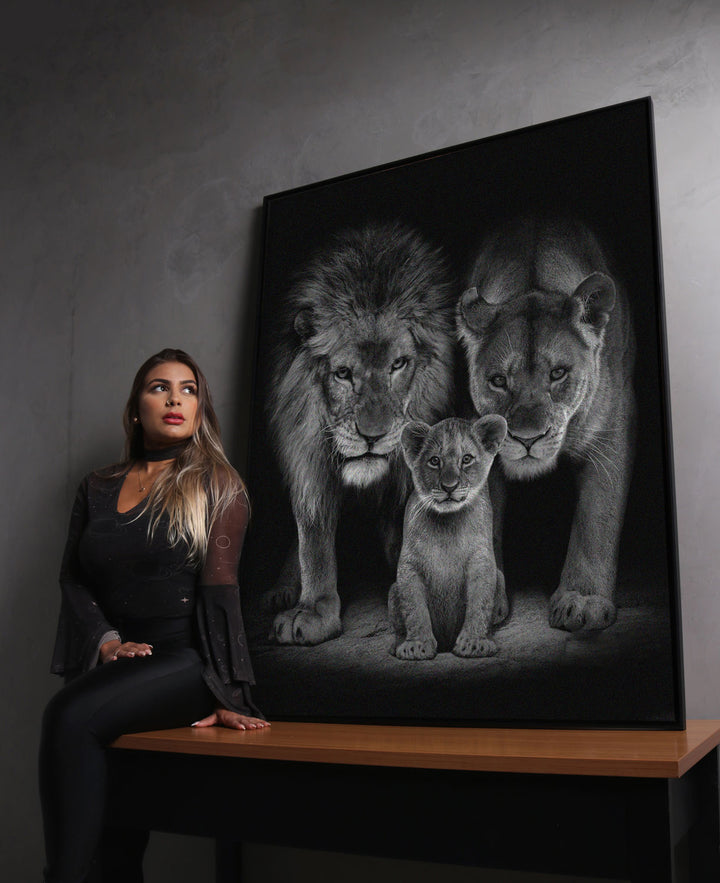 Roaring Lion Family Black and White Tone Canvas Print