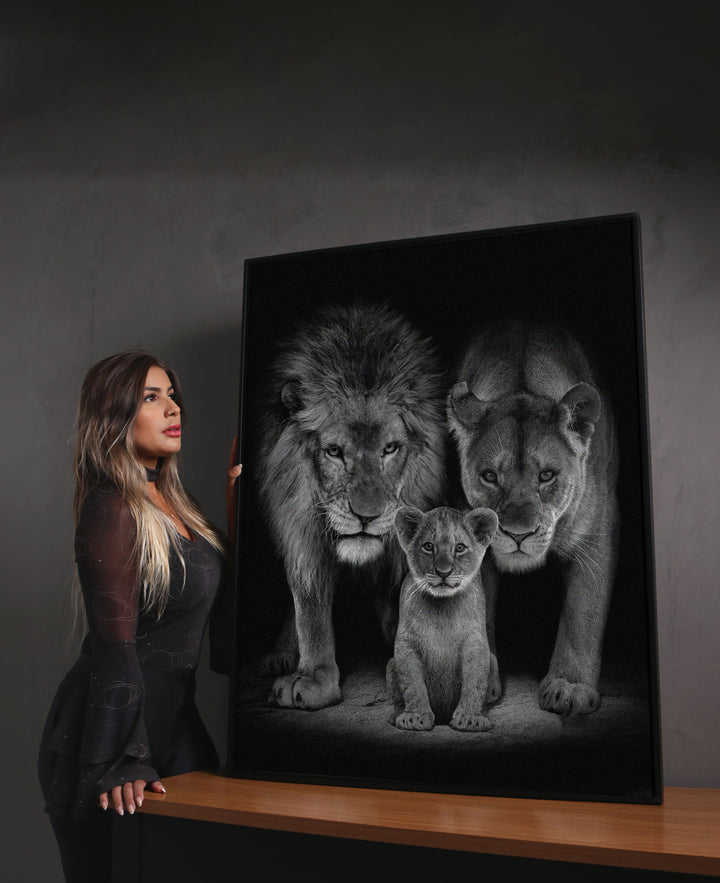 Roaring Lion Family Black and White Tone Canvas Print