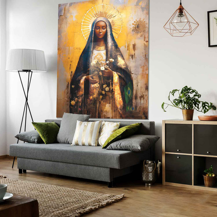 Our Lady of Aparecida Religious Wall Art Abstract Watercolor Painting, Spiritual Catholic Prints