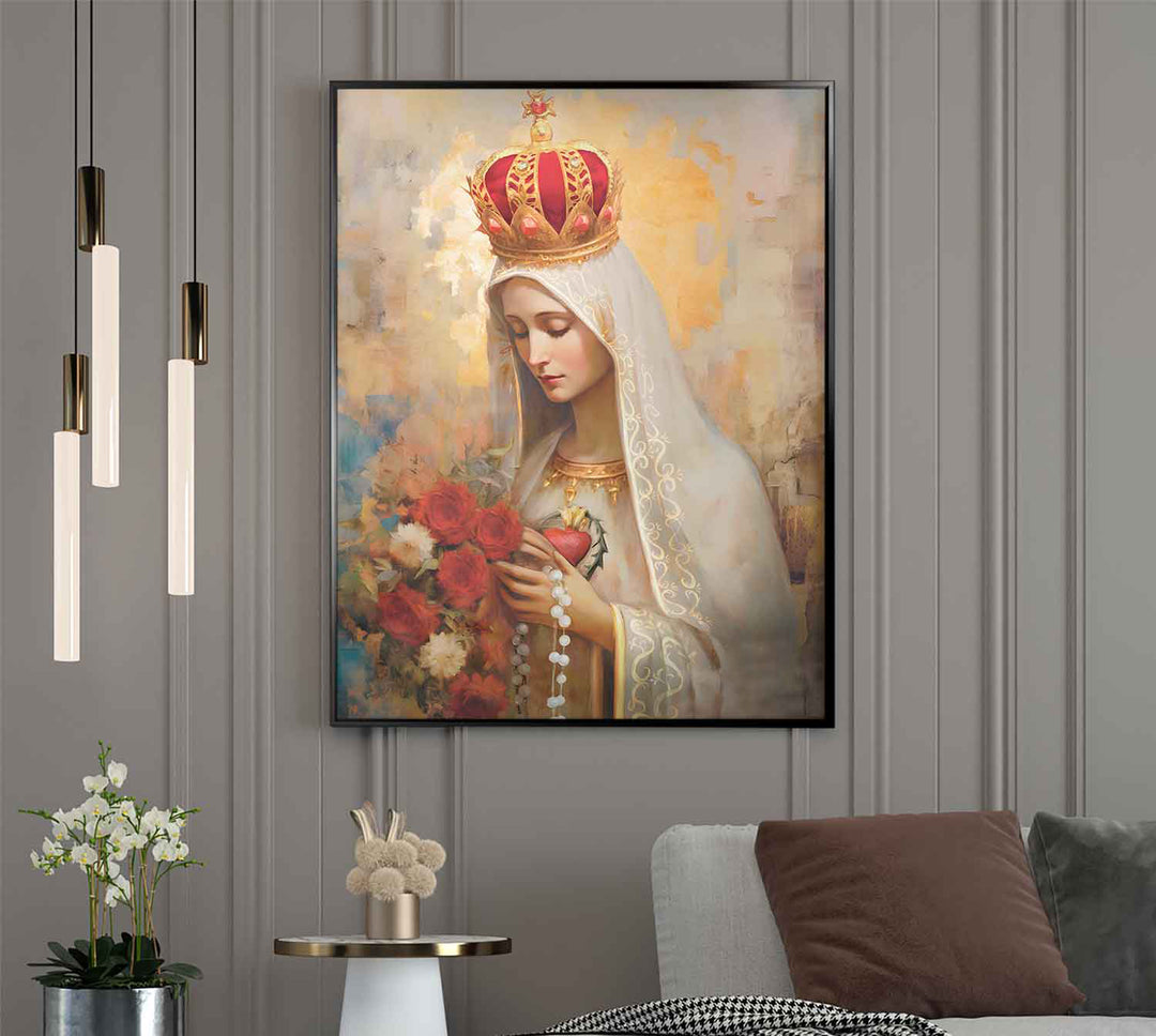Our Lady of Fatima Religious Wall Art Abstract Watercolor Painting, Spiritual Catholic Prints