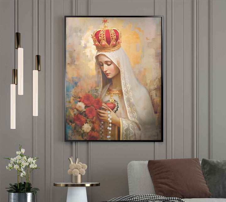 Our Lady of Fatima Religious Wall Art Abstract Watercolor Painting, Spiritual Catholic Prints