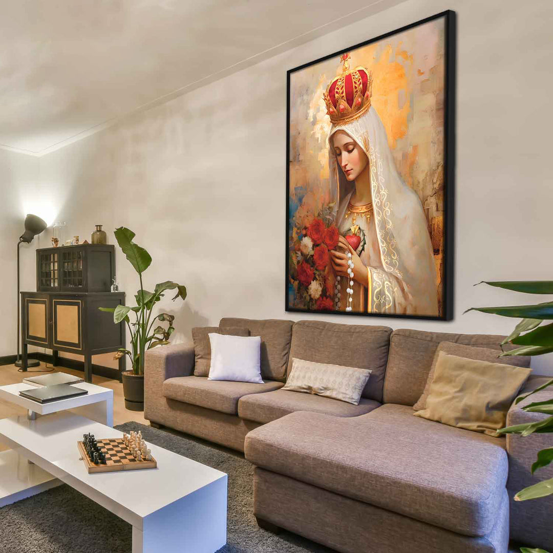 Our Lady of Fatima Religious Wall Art Abstract Watercolor Painting, Spiritual Catholic Prints