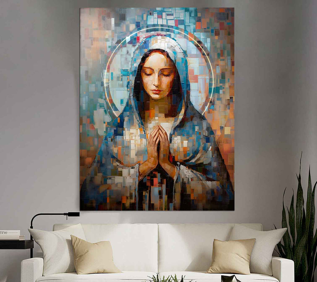 Abstract Grid Virgin Mary Catholic Wall Art for Modern Homes  Mother Mary Home Decor