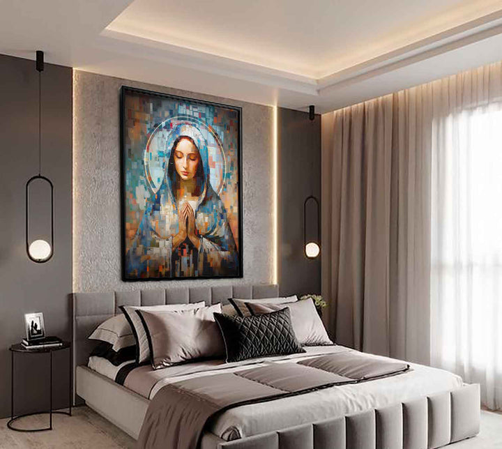 Abstract Grid Virgin Mary Catholic Wall Art for Modern Homes  Mother Mary Home Decor