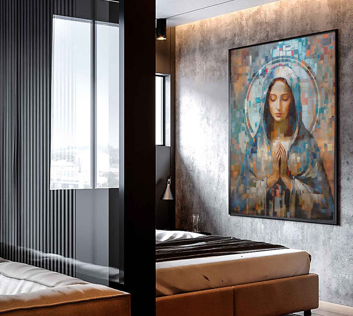 Abstract Grid Virgin Mary Catholic Wall Art for Modern Homes  Mother Mary Home Decor