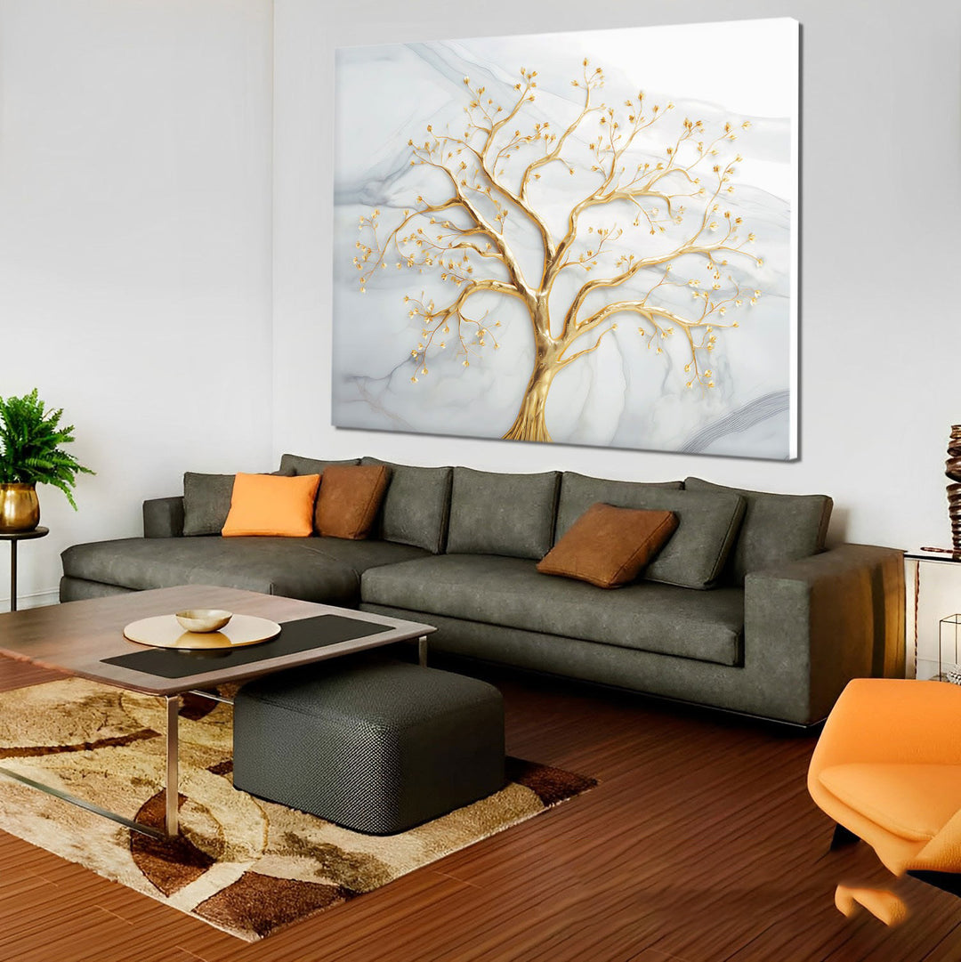 Divine Tree Canvas Wall Art – Gold Marble Abstract Tree Painting