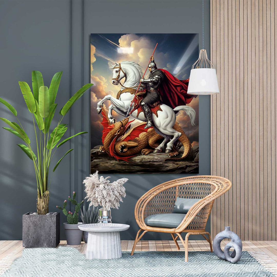 Saint George Canvas Wall Art – Heroic Knight Slaying Dragon Painting