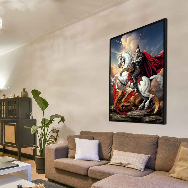 Saint George Canvas Wall Art – Heroic Knight Slaying Dragon Painting