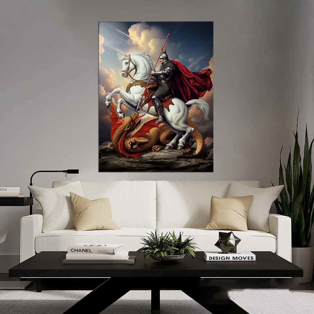Saint George Canvas Wall Art – Heroic Knight Slaying Dragon Painting