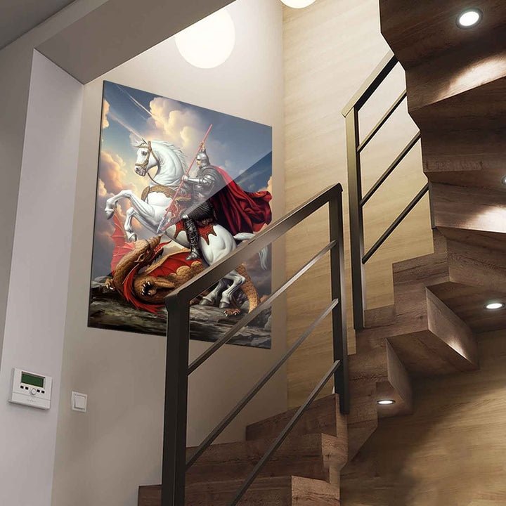 Saint George Canvas Wall Art – Heroic Knight Slaying Dragon Painting