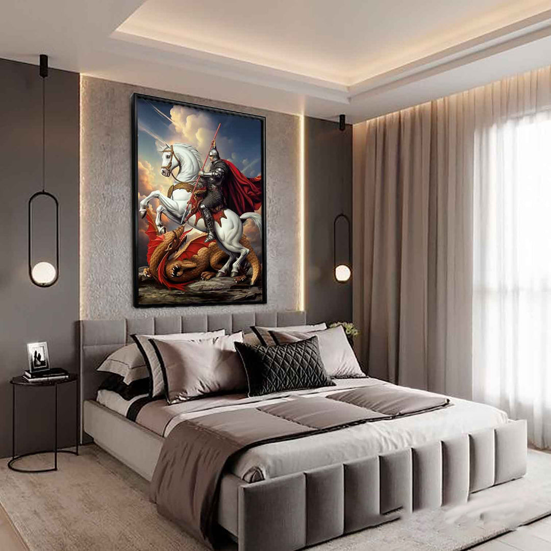 Saint George Canvas Wall Art – Heroic Knight Slaying Dragon Painting